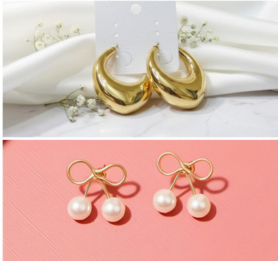 Sabita fashion Pack of 2 Trendy western korean bow pearl stud golden drop earring 4women/girl Alloy Hoop Earring, Stud Earring