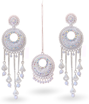 Crest Collection Women's Silver-Plated Chandbali Earrings with Maang Tikka Set for Party wear Alloy Jhumki Earring