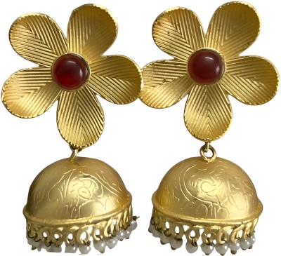 ArsVita ArsVita Floral Earrings with Red Beads and Dangling Jhumka, Golden Colour Brass Jhumki Earring