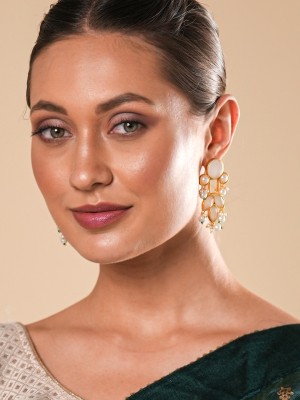 YELLOW CHIMES Women Traditional Gold Plated Studded White Stone Ethnic Dangler Drop Earrings Beads Alloy Drops & Danglers