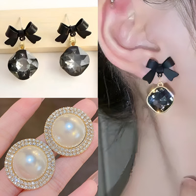 BLINGEE Korean Earrings Combo For Women Girls Crystals Bow Stylish Trending Trendy Crystal, Cubic Zirconia, Diamond, Pearl Alloy Earring Set, Drops & Danglers, Stud Earring