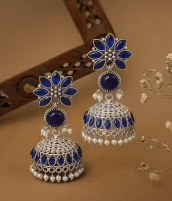 Devik Traders Floral Oxidized Silver-Toned Royal Blue Stone Jhumka Earrings with Pearls Beads Alloy Earring Set