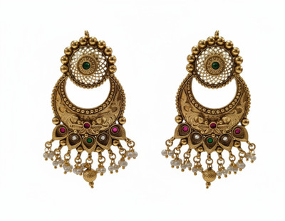 ARIRAdesigns Stone studded golden and pink with white pearls jhumkas Metal Earring Set