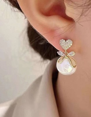 TheVineGirl Korean fashion all-match net White love big pearl earrings Stainless Steel Drops & Danglers