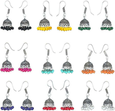 alysa Combo of 9 Pairs Small Colorful Beads Alloy Jhumki Earring
