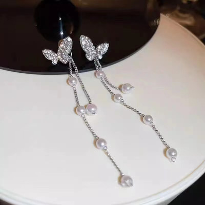 Divastri Silver Buttefly Earrings for women korean long earing girl Moti Ear Ring stylish Pearl, Diamond Silver, Alloy, Mother of Pearl, Stone Earring Set, Drops & Danglers