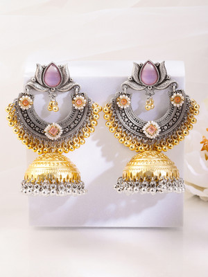 RUBANS Silver & Gold Dual-Plated Oxidised Long Lotus Motif Pink Stone Jhumka Brass Jhumki Earring