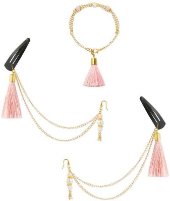 RibbonCandy A festive set of 1 pair pink beaded tassle with chain earrings matching bracelet Brass Tassel Earring