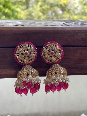 VATSALYA creation xclusive Designer Gold Oxidised Ruby Peearl Crystal Alloy Jhumki Earring