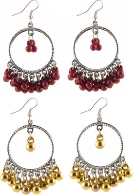 Jamleen Gallery Combo Silver Oxidize Maroon & Golden Ring Earrings for Girls Alloy Drops & Danglers