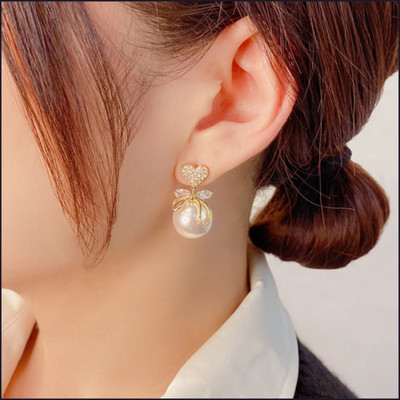 VIDALI Korean Studded Bow Heart Big Pearl Drop Earrings For Women/Girls Pearl Alloy Stud Earring