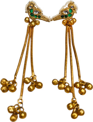 Sajobhi Kashmiri Bird Motif Green Stone Studded Earrings with Ghungroo Chains Brass Drops & Danglers, Jhumki Earring