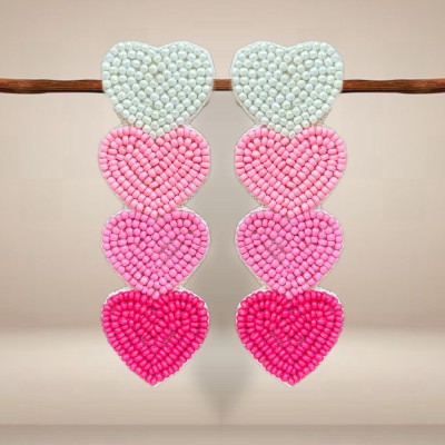 UnfoldSelf Pink Beaded Heart Earrings Alloy Drops & Danglers