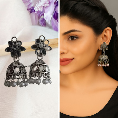 DANGAR ENTERPRISE Oxidised Silver Floral Jhumka Earrings with Pearls for Women & Girls Pearl Alloy Jhumki Earring