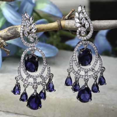 ZENEME Navy Blue & White American Diamond studded Oval & Leaf Shaped Drop Earrings Cubic Zirconia Brass Drops & Danglers