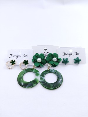 HEAAVN GREEN Trio 3_Pairs Acrylic, Alloy, Fabric, Plastic Earring Set, Ear Thread, Drops & Danglers, Hoop Earring, Huggie Earring, Stud Earring