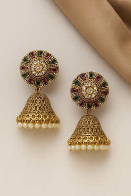 ZuriFinds Ethnic Studded Gold Platted Jhumki Pearl Alloy Jhumki Earring