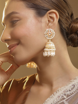 RUBANS Gold Plated Kundan Stone with White Pearls Jhumka Earrings Pearl Alloy Jhumki Earring