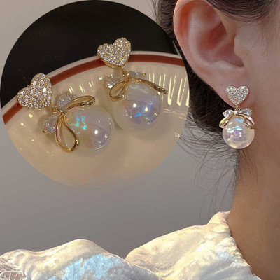 JDENTERPRISES Korean Studded Bow Heart Big Pearl Drop Earrings For Women/Girls Cubic Zirconia Alloy Stud Earring