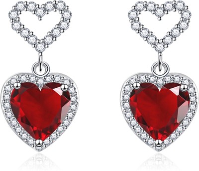 Designs & You Crushed Ice Cut Cubic Zirconia Silver Plated Red Heart Shaped Drop Earrings Cubic Zirconia Brass Drops & Danglers