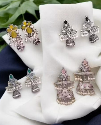 omshivv Elegant Oxidised Silver-Plated Combo of 4 Designer Jhumka Earrings Set Beads, Pearl Alloy Drops & Danglers, Jhumki Earring, Earring Set
