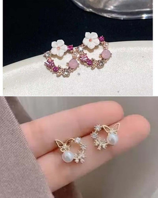 LBTK combo of 2 Pearl Butterfly Garland Stud Earrings Cubic Zirconia, Pearl, Zircon, White Zircon Alloy Stud Earring