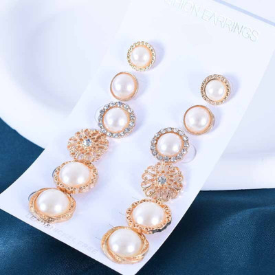 Vembley Combo of 6 Pair Gold Plated Pearl Flower Round Stud Earrings For Women Pearl Alloy Stud Earring