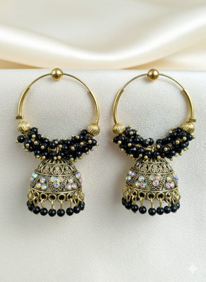 THEKAMAL HOOP BLACK Beads, Crystal, Diamond Alloy Stud Earring, Hoop Earring, Jhumki Earring, Earring Set