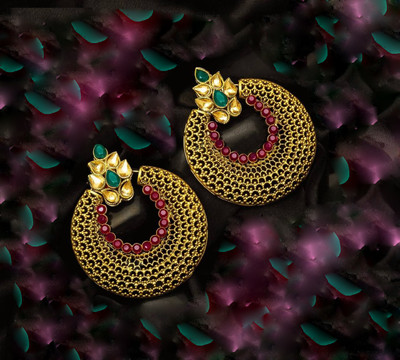 Arti creations Gold Plated Golden Kundan Studded Meenakari Touch Beads Drop Chandbali Earrings Cubic Zirconia Alloy, Brass Chandbali Earring