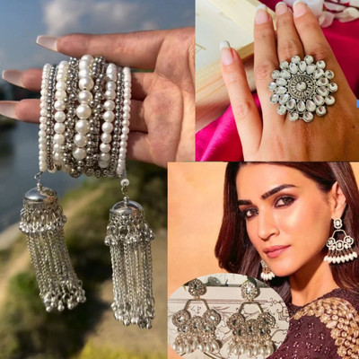 Ashir chandbali Earring and pearl Openable Bracelet and ring for women and girls Alloy Chandbali Earring