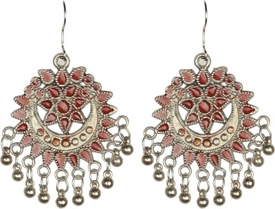 OMAYA Designer Red German Silver Afghani Hook Chandbali Dangler Earrings For Women and Girls Alloy Chandbali Earring