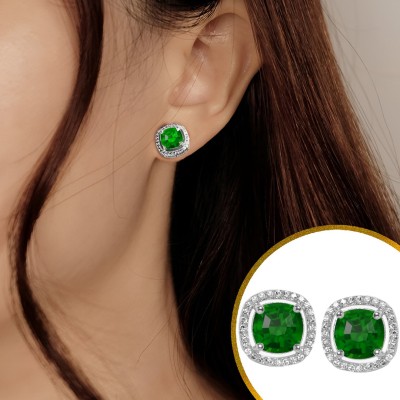 VAMA Trendy Silver Plated Emerald Green Cubic Zirconia Stone Stud Earcuff Ear Earring Emerald Metal Stud Earring