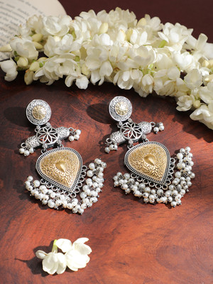 RUBANS Rubans Dual-Tone Oxidised Silver & Gold Plated Chandelier Earrings Pearl Brass Chandbali Earring