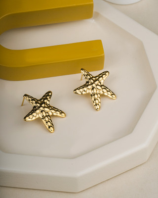 DIADRIM Trendy Gold-Plated Starfish Textured Stud Earrings for Women & Girls Alloy Earring Set