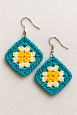 Loveandloopby MK Crochet Granny Square Earrings Metal Drops & Danglers