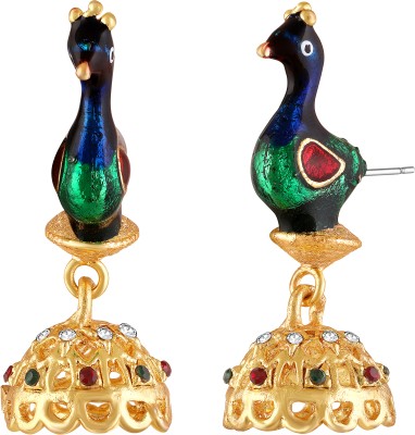 mahi Meenakari Enamel Peacock-Shaped Dangler Jhumka Earrings Crystal Alloy Drops & Danglers