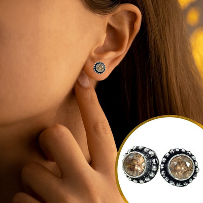 VAMA Silver Oxidised Monalisa Citrine Gold Stone Upper Stud Ear Earring Crystal Metal Stud Earring