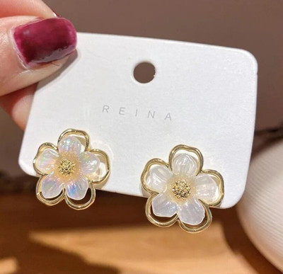 AKISON JEWELS White Flower Stud Earrings For Women Floral Earrings For Women Korean Earrings Alloy Earring Set, Stud Earring