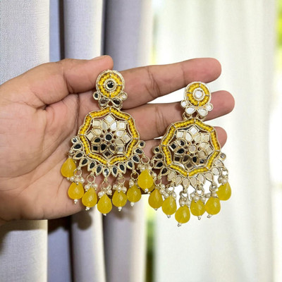SAZOYA yellow beads mirror Chandbali Earrings with Bead Drops for Women Alloy, Metal Chandbali Earring, Drops & Danglers