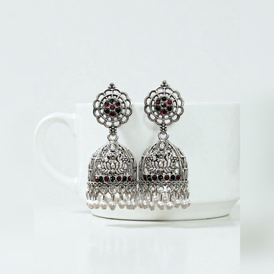 GKD Oxidised Silver Earring | Goddess Lakshmi Design | Pearl Hanging Ethnic Earring Alloy Jhumki Earring
