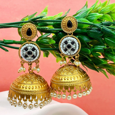 Neeara Fashion Gold Plated Black Stone Jhumka Earrings for Women | Ethnic Festive Jewelry Alloy Drops & Danglers