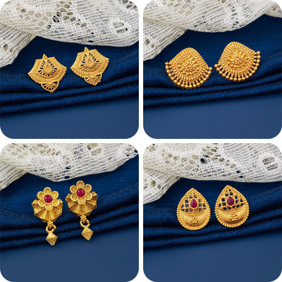 LaChoiceIt Pack of 4 Pair Traditional Gold Pleted Earring Collection Brass Earring Set