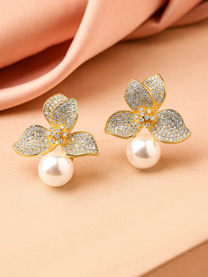 RUBANS Rubans 18K Gold-Plated White Cubic Zirconia Floral Design Pearl Stud Earrings Cubic Zirconia Brass Drops & Danglers