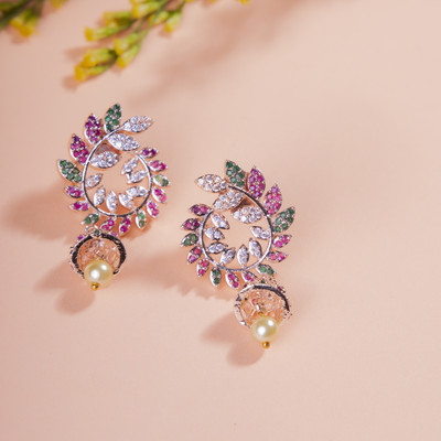 Opal Touch Whimsical Red-Green Symphony Brass Rose Gold CZ Earrings Cubic Zirconia Brass Stud Earring
