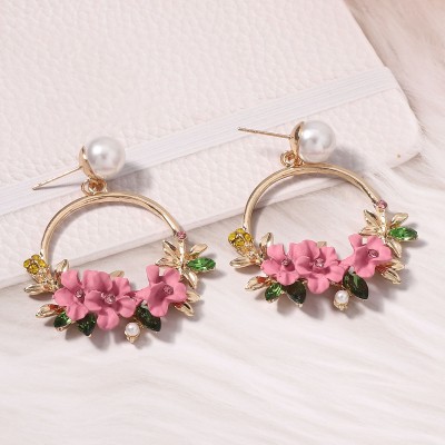 Aylana Pink Floral Hoop Korean Drop n Dangler Earrings Pearl, Zircon Alloy Hoop Earring