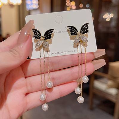 Miami Black Buttefly Earrings for women korean long earing girl Moti Ear Ring stylish Pearl, Diamond Gold, Alloy, Mother of Pearl, Stone Earring Set, Drops & Danglers