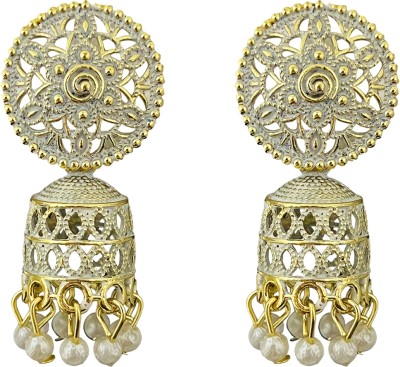 Tiso Oxidised Gold White Jhumka Earrings for Women and Girls German Silver Zircon Alloy, German Silver Drops & Danglers, Jhumki Earring