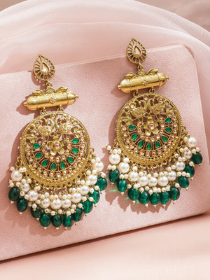 RUBANS 18K Antique Gold-Plated Pearl and Green Studded & Beaded Big Chandbali Brass Chandbali Earring