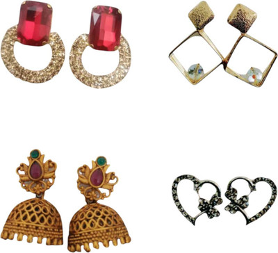 Janki Creation Combo Set of Crystal Studs, Geometric Drops, Traditional Jhumka & Heart Design Ruby, Crystal, Cubic Zirconia Alloy Chandbali Earring, Drops & Danglers, Jhumki Earring, Stud Earring