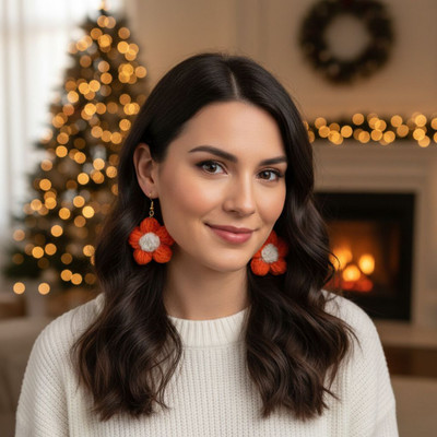 Estyle Orange & White Daisy Earrings Cotton Dori Hoop Earring